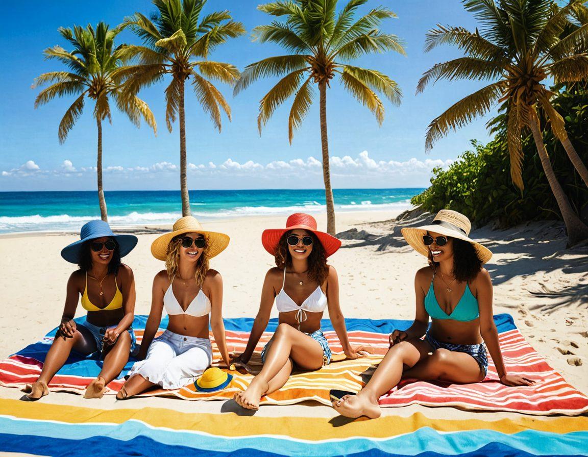 A vibrant beach scene featuring diverse individuals confidently showcasing stylish casual beach outfits, lounging on colorful beach towels, wearing trendy sunglasses and sun hats. The sun is shining bright, casting playful shadows on the golden sand, with waves gently crashing in the background. Palm trees sway in the wind, adding a tropical feel to the atmosphere. Include elements like a surfboard, beach balls, and a picnic basket to enhance the casual vibe. super-realistic. vibrant colors. summer theme.